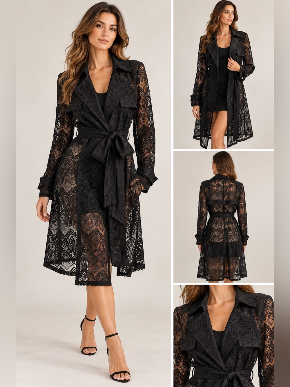Vicky Tiel Black Sheer Lace Trench with Tie Belt - Women's Robe